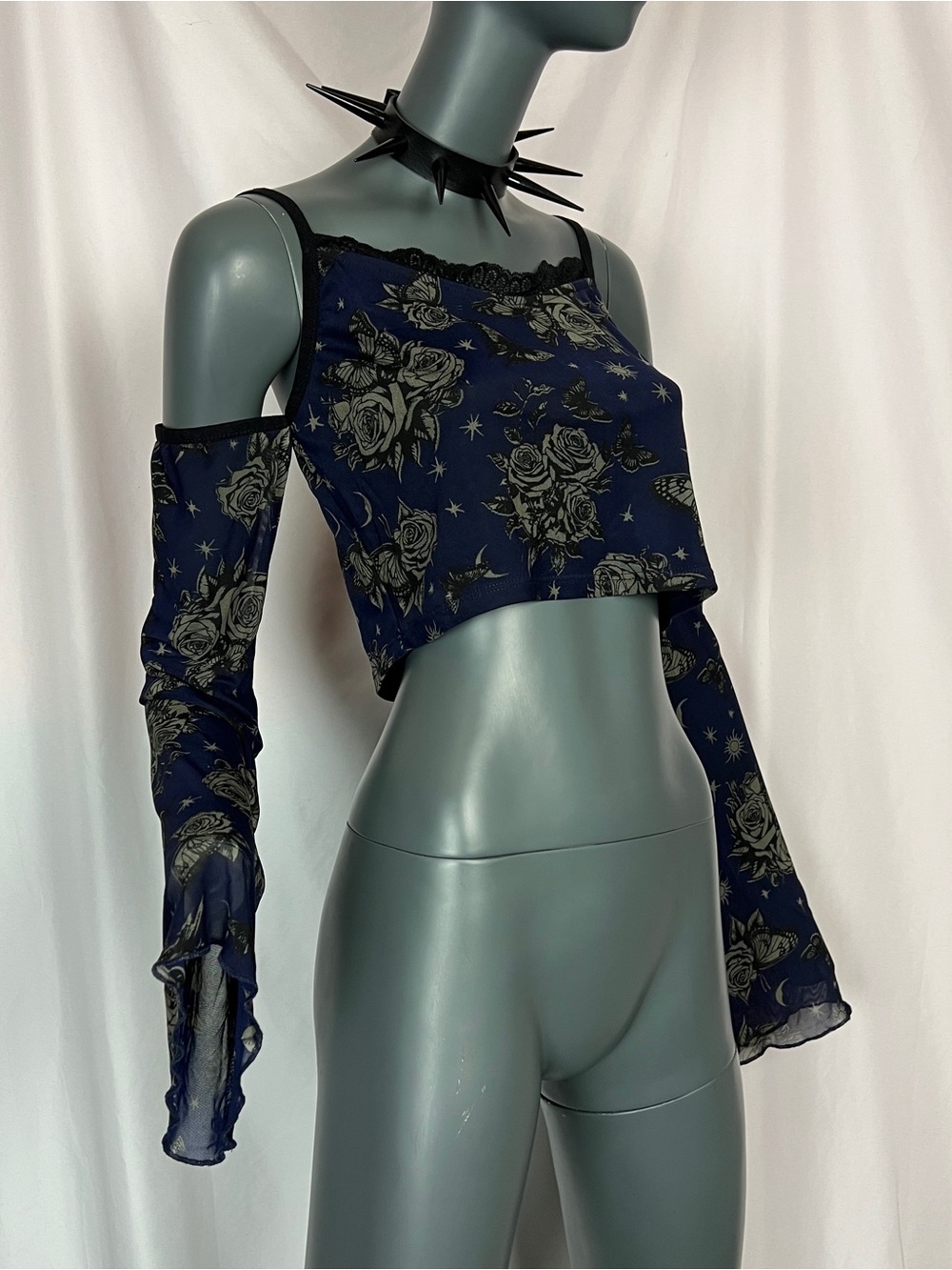 Dark Blue / Black / Tan Floral Celestial Bell Sleeve Mesh Tank Top